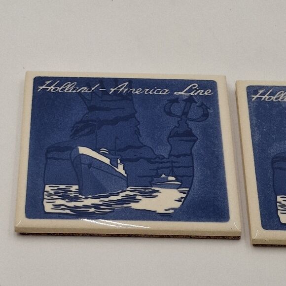 Holland American Cruise Line Neptune Blue Delft Coaster Tiles w/Cork Set of 2 - Picture 10 of 10